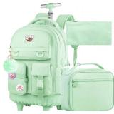 Rolling Backpack for Women, 21 inch Roller Wheels Backpacks with Lunch Bag, Water Resistant Wheeled Bookbag for Teens Girls Travel Elementary - Green