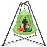 Retails for $132! X-Shaped Swing Set, Swing Stand Frame with Tent Swing Chair/Sensory Swing, Hammock Chair with Stand for Kids and Adults, 330 lbs Capacity, w/Rainbow Lights String (Green)