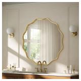 VooBang Gold Scalloped Circle Mirror, 20" Wavy Edge Round Wall Mirror with Tempered Glass Textured Circular Metal Deep Frame, Hanging Leaning for Bathroom, Hallway, Entryway, Livng Room