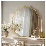 VooBang Gold Scalloped Circle Mirror, 20" Wavy Edge Round Wall Mirror with Tempered Glass Textured Circular Metal Deep Frame, Hanging Leaning for Bathroom, Hallway, Entryway, Livng Room