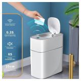 JOYBOS Bathroom Trash Can with Lid, 3.8 Gallon Slim Garbage Can, Small Plastic Trash Bin, Narrow Motion Sensor Trash Can for Bedroom, Rv, Office White