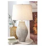 Signature Design by Ashley Layal Casual 29" Textured Paper Composite Carved Base Single Table Lamp, Beige