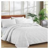 Yiran Quilt Queen Size Bedding Set White Bedspreads Embossed Diamond Pattern 3 Piece Soft Microfiber Coverlet for All Season with 2 Pillow Shams (Full Queen, 96x90 Inch)