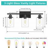Asnxcju 3-Light Vanity Light Fixtures, Black Bathroom Lighting Fixtures Over Mirror, Bathroom Wall Mounted Lamp with Clear Glass Shade for Bedroom, Living Room, Hallway, E26 Base (Bulbs Not Included)