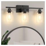 Asnxcju 3-Light Vanity Light Fixtures, Black Bathroom Lighting Fixtures Over Mirror, Bathroom Wall Mounted Lamp with Clear Glass Shade for Bedroom, Living Room, Hallway, E26 Base (Bulbs Not Included)