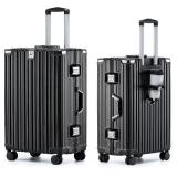 Retails for $180! HotWay 26 Inch Aluminum Frame Luggage with Spinner Wheels, PC Hard Shell Suitcase with Cup Holder, Zipperless Luggage for Business Travel, Black