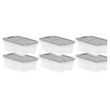 Plastic Storage Containers with Secure Latching Lids, Stackable Organization Bins, Clear/Grey, 12 Quart, Set of 6