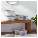 Plastic Storage Containers with Secure Latching Lids, Stackable Organization Bins, Clear/Grey, 12 Quart, Set of 6