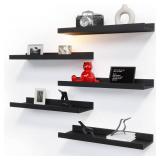RICHER HOUSE 5 Set Floating Wall Mounted Shelves, Black Shelves for Wall Decor, Modern Picture Ledge Shelf with Lip for Storage, Nursery, Bedroom, Living Room, Bathroom - Black
