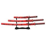 Decoration Training Sword Iaido 1060steel Decorative Samurai Sword Set, 3-Piece Red Katana Collection with Display Stand, 20.4-39.3 inches Gift for Festivals/Holidays Included Knife Holder