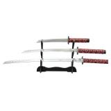 Decoration Training Sword Iaido 1060steel Decorative Samurai Sword Set, 3-Piece Red Katana Collection with Display Stand, 20.4-39.3 inches Gift for Festivals/Holidays Included Knife Holder