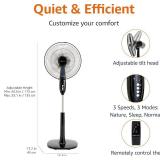 Amazon Basics 16" Pedestal Fan with Remote, Floor Fan, Standing Fan for Bedroom, Living Room, Office, with 3 Speeds, 3 Modes, Timer, Dual-Layered Blades, Adjustable Height, Tilt Head, 60W, Black
