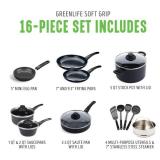 Soft Grip 16-Piece Aluminum Healthy Ceramic Nonstick Cookware Set in Black