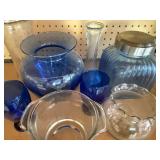 Cobalt Vase, Water Glasses and Canister, Clear Vases