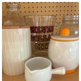 Milk Jar, Covered Canisters, Silver Dollar City Pitcher and Canning Jar