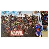 Marvel Poster in Plastic Frame, Superman Water Bottle (new) and Misc Pieces from Action Figures