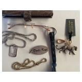 Glasses, Key Chains, Gold and Silver Toned Chains (one has broken clasp)