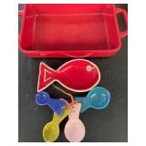 Bobby Flay 7"x10" Baking Pan, Fish Spoon Rest or Soap Dish and Measuring Spoons (one has minor chip)