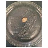 Vintage 1982 Green Indiana Glass Tiara Eagle Plates (2), w/ Box, in a Square Basket