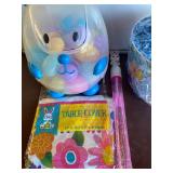 Easter Table Cover, Bunny Egg Holder, Bubbles and Metal Bucket