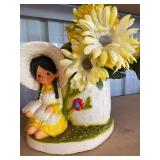 Vintage Girl by Wishing Well Planter w/ Faux Yellow Flowers