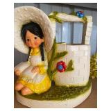 Vintage Girl by Wishing Well Planter w/ Faux Yellow Flowers