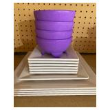 Purple Dip Bowls and (11) Melamine Square Plates (3 Sizes - 6/8/10")