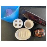 Bathroom Trash Can w/ Liners, Toothbrush Holder/Cup and Soap Dish Set, Alarm Clock, Curlers