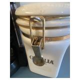 Gevalia Coffee Dispenser and Coffee Maker w/ Filters (both new) and a Canister