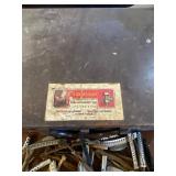 Metal Box w/ Vintage Hair Pins/Curlers, One Very Dirty Canvas WWII Boot Cover