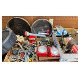 Shelf of Shop Supplies - Oil Pans, Tools, Flashlights and LOTS MORE