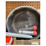Shelf of Shop Supplies - Oil Pans, Tools, Flashlights and LOTS MORE