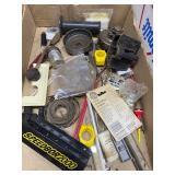 Shelf of Shop Supplies - Oil Pans, Tools, Flashlights and LOTS MORE