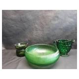 GREEN GLASS ASSORTMENT E.O. BRODY BOWL, BUBBLE CREAMER AND CANDLE HOLDER GREEN GLASS ASSORTMENT E.O. BRODY BOWL, BUBBLE CREAMER AND CANDLE HOLDER