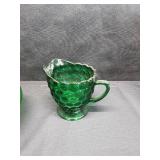 GREEN GLASS ASSORTMENT E.O. BRODY BOWL, BUBBLE CREAMER AND CANDLE HOLDER GREEN GLASS ASSORTMENT E.O. BRODY BOWL, BUBBLE CREAMER AND CANDLE HOLDER