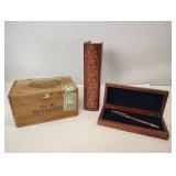 VINTAGE CIGAR BOX WITH ANTIQUE WOODEN BOX DESIGNED TO LOOK LIKE A BOOK AND WOOD BOX PEN HOLDER VINTAGE CIGAR BOX WITH ANTIQUE WOODEN BOX DESIGNED TO LOOK LIKE A BOOK AND WOOD BOX PEN HOLDER