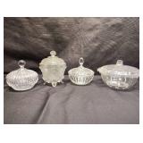 4 PRESSED CLEAR GLASS CANDY DISHES WITH LIDS 4 PRESSED CLEAR GLASS CANDY DISHES WITH LIDS