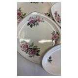 Paden Pottery (2) Square Dinner Plates and. Dessert Plate Rose Pattern w/ Silver Trim and Different Pattern Oval Dish Paden Pottery (2) Square Dinner Plates and. Dessert Plate Rose Pattern w/ Silver Trim and Different Pattern Oval Dish