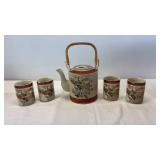 Satsuma Japanese Tea Set with Wicker Handle Peacock Pattern Satsuma Japanese Tea Set with Wicker Handle Peacock Pattern