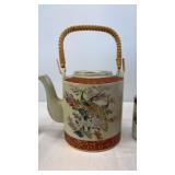 Satsuma Japanese Tea Set with Wicker Handle Peacock Pattern Satsuma Japanese Tea Set with Wicker Handle Peacock Pattern