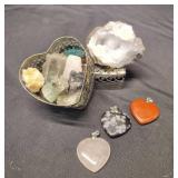 METAL HEART SHAPED TRINKET BOX WITH NATURAL STONES AND CRYSTALS SMALL QUARTZ STONE AND 3 HEART SHAPED STONE PENDANTS METAL HEART SHAPED TRINKET BOX WITH NATURAL STONES AND CRYSTALS SMALL QUARTZ STONE AND 3 HEART SHAPED STONE PENDANTS