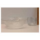 Clear Glass Bird Pattern Serving Bowl and Cup with Angels Clear Glass Bird Pattern Serving Bowl and Cup with Angels