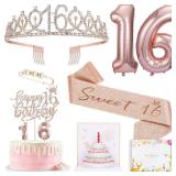 Sweet 16 Birthday Party Decorations for Girls, Sweet 16 Sash and Tiara, Pop up Card, Cake Toppers, Number Candles and Balloons, 16th Birthday Gifts for Girls - Retail: $10 Sweet 16 Birthday Party Decorations for Girls, Sweet 16 Sash and Tiara, Pop up Card, Cake Toppers, Number Candles and Balloons, 16th Birthday Gifts for Girls - Retail: $10