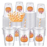 Sliner 50 Pcs 16 oz Disposable Plastic Cups with Straw for Party Supplies Bow Cup Birthday Wedding Bridal Engagement Drinkware Party Decor (Pumpkin) Sliner 50 Pcs 16 oz Disposable Plastic Cups with Straw for Party Supplies Bow Cup Birthday Wedding Bridal Engagement Drinkware Party Decor (Pumpkin)