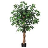 SOGUYI 4ft Artificial Ficus Tree with Natural Wood Trunk, Silk Fake Ficus Tree in Plastic Nursery Pot, Faux Plant for Office Home, Indoor Outdoor Decor, 1 Pack - Retail: $53