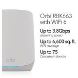 NETGEAR Orbi Whole Home Tri-Band WiFi 6 Mesh Network System (RBK663)  Router with 2 Satellite Extenders, Security Features, Coverage up to 6,600 sq. ft., 75 Devices - AX3800 (Up to 3.8Gbps) - Retail NETGEAR Orbi Whole Home Tri-Band WiFi 6 Mesh Network System (RBK663)  Router with 2 Satellite Extenders, Security Features, Coverage up to 6,600 sq. ft., 75 Devices - AX3800 (Up to 3.8Gbps) - Retail