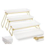 KAQAHIDO Extra Large 4 Tier Serving Tray Set, 34x22x10 inch Wave Edge Melamine Dessert Table Display Set, Tiered Trays Stand for Party Buffet Entertaining, Gold and White - Retail: $100 KAQAHIDO Extra Large 4 Tier Serving Tray Set, 34x22x10 inch Wave Edge Melamine Dessert Table Display Set, Tiered Trays Stand for Party Buffet Entertaining, Gold and White - Retail: $100