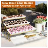 KAQAHIDO Extra Large 4 Tier Serving Tray Set, 34x22x10 inch Wave Edge Melamine Dessert Table Display Set, Tiered Trays Stand for Party Buffet Entertaining, Gold and White - Retail: $100 KAQAHIDO Extra Large 4 Tier Serving Tray Set, 34x22x10 inch Wave Edge Melamine Dessert Table Display Set, Tiered Trays Stand for Party Buffet Entertaining, Gold and White - Retail: $100