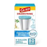 Glad Small Trash Bags 4 Gallon, Febreze Beachside Breeze Garbage Bags, Odor Resistant with Drawstring, 80 Count - Retail: $16 Glad Small Trash Bags 4 Gallon, Febreze Beachside Breeze Garbage Bags, Odor Resistant with Drawstring, 80 Count - Retail: $16