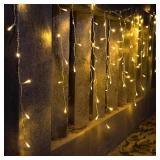 YOLIGHT Icicle Christmas Lights 13ft 96 LEDs Icicle String Lights 8 Modes Twinkle Curtain Fairy Lights, Indoor Room Patio Garden Bedroom Wedding Halloween Party Decoration (Warm White) - Retail: $14 YOLIGHT Icicle Christmas Lights 13ft 96 LEDs Icicle String Lights 8 Modes Twinkle Curtain Fairy Lights, Indoor Room Patio Garden Bedroom Wedding Halloween Party Decoration (Warm White) - Retail: $14
